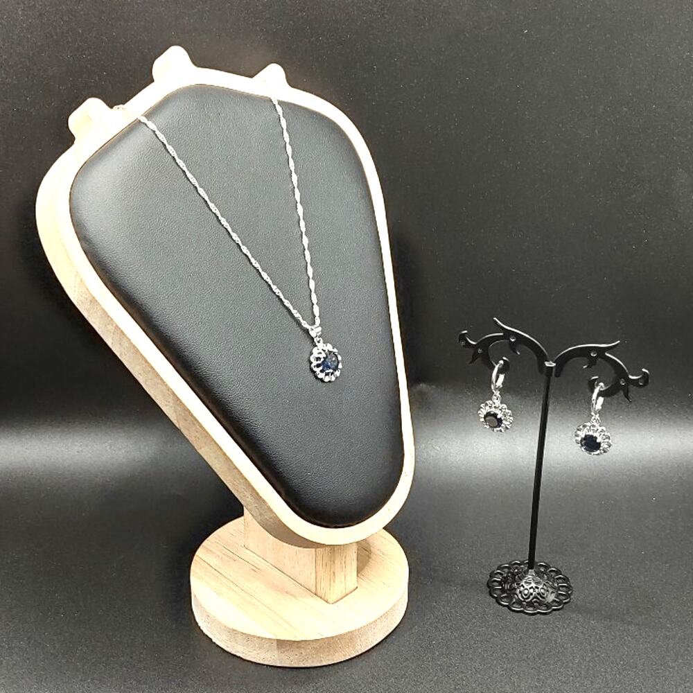 925 Silver Lab Sapphire Blue Flower Necklace Earrings Set BOHO Fashion Gift NEW